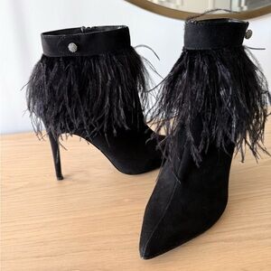 Nina Ricci Suede Black Feather Trim Stiletto Ankle Boots